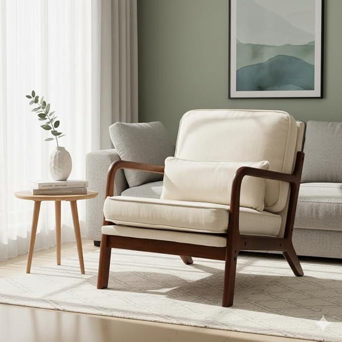 Simple Deluxe Mid-Century Modern Wood Accent Chair & Cozy Reading Chair, Upholstered Living Room Chair with Waist Cushion, Solid Wood Chair with Pillow for Bedroom, Beige