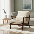 Simple Deluxe Mid-Century Modern Wood Accent Chair & Cozy Reading Chair, Upholstered Living Room Chair with Waist Cushion, Solid Wood Chair with Pillow for Bedroom, Beige