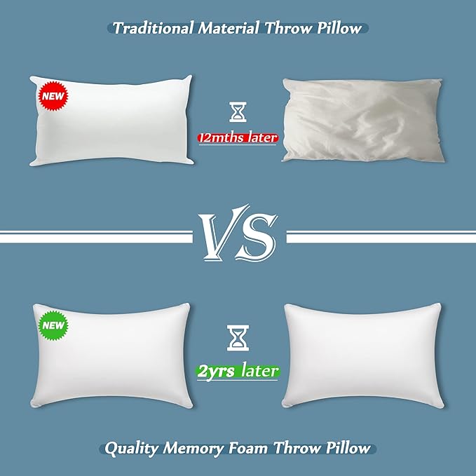 AM AEROMAX 12 × 20 Pillow Insert (Pack of 2) Memory Foam Lumbar Support Throw Pillow Sham Rectangular for Decorative Cushion Bed Couch Sofa Without Deform After Longtime Use