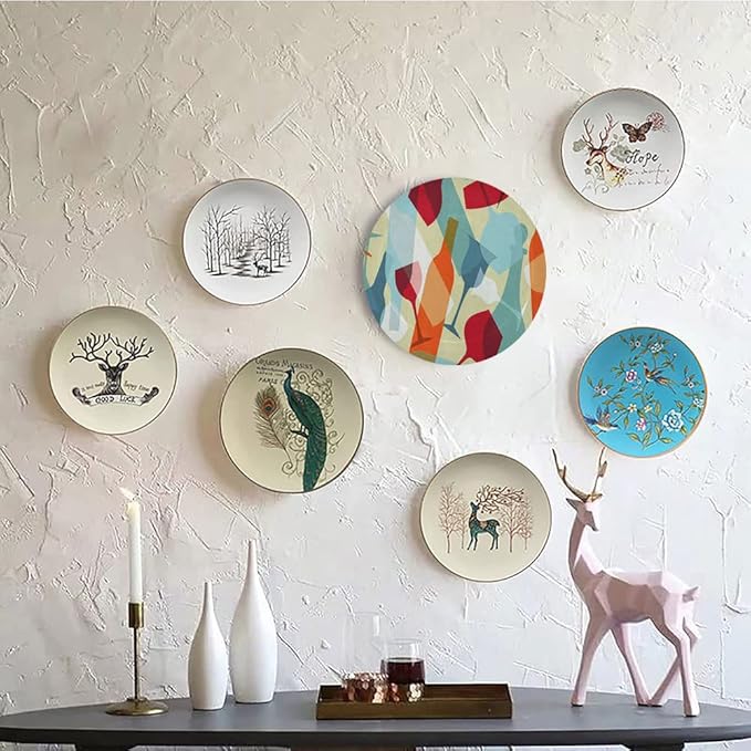 Ceramic Display Plate, Wine Ceramic Hanging Decorative Plate, Modern Design Colorful Glasses Bottles Fun, 6 Inch, Living Room Kitchen Decoration Household, Pale Blue Ruby Orange
