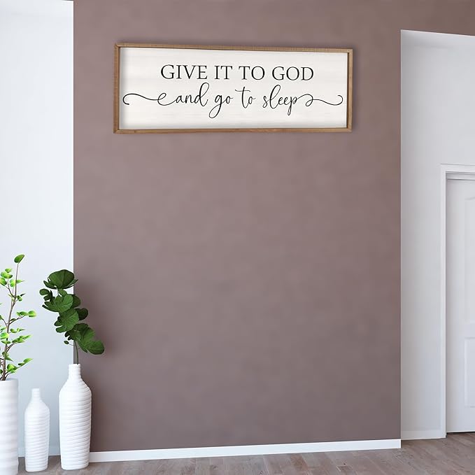 Surfapans Give It To God And Go To Sleep Sign Wall Decor 32"x12" ofr Master Bedroom Guest Room Wood Rustic Framed Wall Art Sign (Wood White)