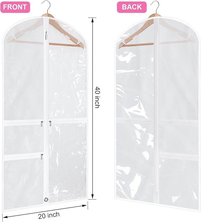 Windyun 10 Pack Garment Bags for Dance Costumes Kids 40 Inch Clothing Bags Hanging Clothes with 3 Clear Zipper Pocket Waterproof Garment Cover for Dance Competition, Travel, Closet Storage(White)