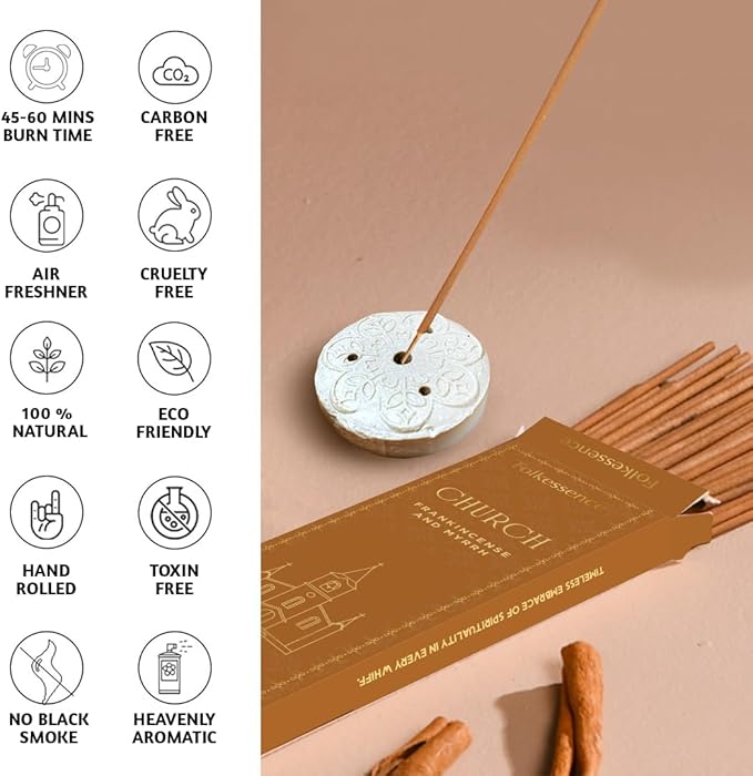 Folkulture Church Incense Sticks with Holder (100 Sticks) | Frankincense & Myrrh Catholic Incense Stick for Prayer|No Charcoal, Non Toxic, 45 Min Burntime Insence-Sticks for Christian Gifts for Women