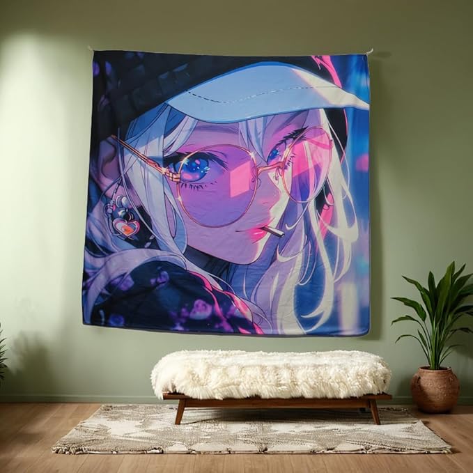 HOUHUANG Anime Fluorescent Tapestry - 59x59 Inches Large Wall Hanging for Room Decoration, Glow-in-the-Dark Trippy Boho Style with Blacklight Effects, Perfect for Bedroom and Custom Tapestry Lovers (fashion girl)