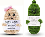 WASTIME Funny Knitted Wool Doll Toy with Positive Card - Creative Cute Mini Crochet Positive Potato Dolls Cheer Up Gift for Family Kids Friends Encouragement Decoration (Potato Girl & Pickle)
