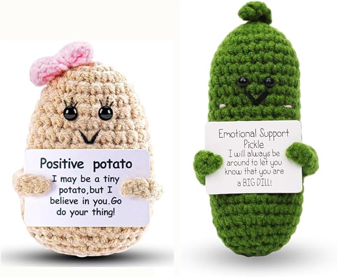 WASTIME Funny Knitted Wool Doll Toy with Positive Card - Creative Cute Mini Crochet Positive Potato Dolls Cheer Up Gift for Family Kids Friends Encouragement Decoration (Potato Girl & Pickle)