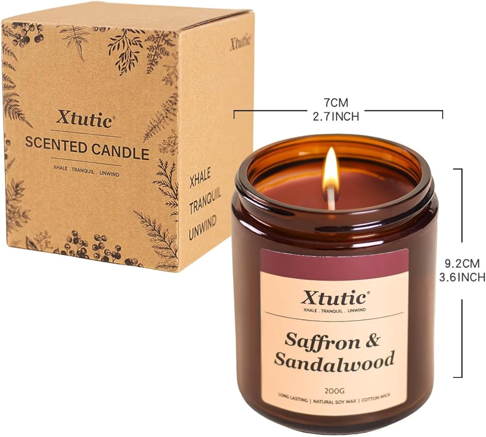 Soy Candle Gifts for Women & Men - 7oz Brown Scented Candle,50-Hour Burn Time,Aromatherapy Jar for Home Decor,Relaxing Ambiance in Bedroom & Office(Saffron Sandalwood)