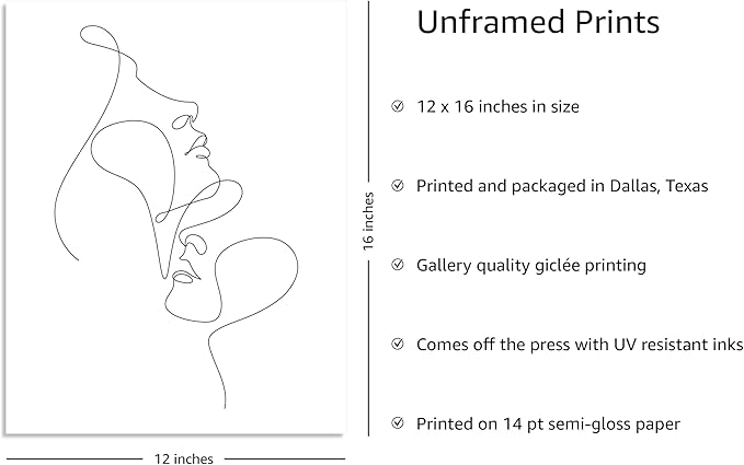 Y2K BOO Minimalist Face to Face UNFRAMED Wall Art Two Portraits Continuous Line Drawing 12x16 Inch Heavyweight Paper Modern Aesthetic Studio Decor