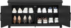Shoe Storage Bench, 2 Tier Shoe Bench with Padded Seat Cushion & 2 Barn Doors, Entryway Bench with Adjustable Shelf, Farmhouse Shoe Cabinet for Living Room, Bedroom, Black SB26606BK