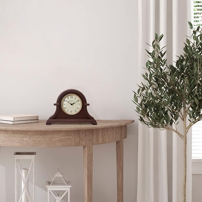 Presentime & Co. Mantel Clock Vintage Farmhouse Series, Napoleon Desk & Shelf Clock, 13 x 10 inch, Domed Lens, Quartz Movement, ABS Plastic Case, Walnut Brown Finish (Home/Tabletop Decoration)