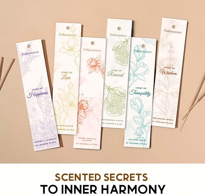 Folkulture Incense Sticks with Holder (120 Sticks) | Set of 6 Premium Incense Sticks for Calm, Aromatherapy | No Charcoal, Organic, Non Toxic, 45 Mins, Long Burning Lavender, Vanilla Insence-Sticks