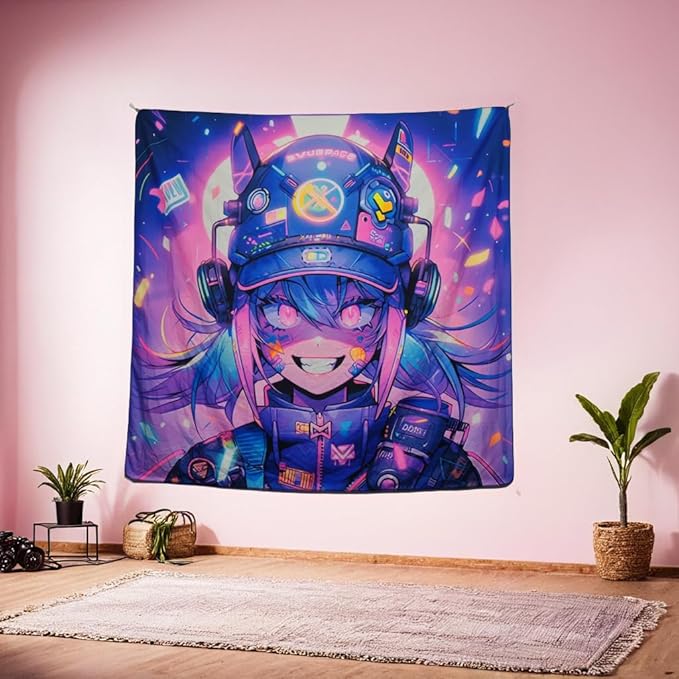 HOUHUANG Hanging paintings, blacklight tapestry, murals, and decorative paintings, fluorescent anime, cartoons, polyester material (59 "x 59") for families, bars, and outdoor parties (Cool girl)