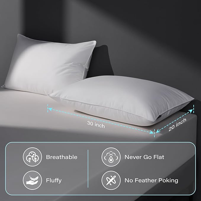 Goose Feather Down Pillow Queen Size Set of 2, Hotel Collection Bed Pillows for Sleeping, 2 Pack, Down Surrounded Soft Medium Firm Pillows for Side Back Sleepers 20 x 30 in.