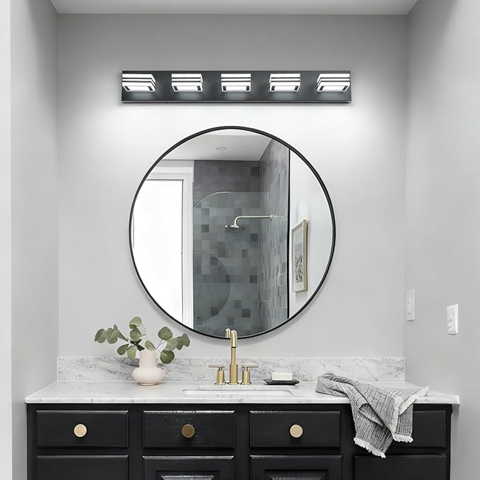 SOLFART LED Bathroom Lighting Fixtures - 5 Lights Modern Matte Black Acrylic Vanity Lights for Mirror 32inch 24W