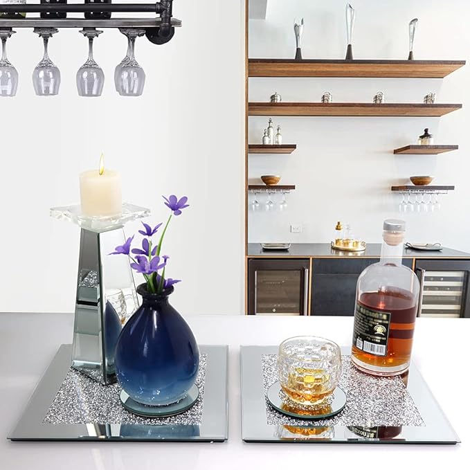 GIMORRTO Glass Mirrored Coaster 2 PC, Crushed Diamond Square Cup Mat 10" Decor on Tabletop for Bar Tools Dining Table
