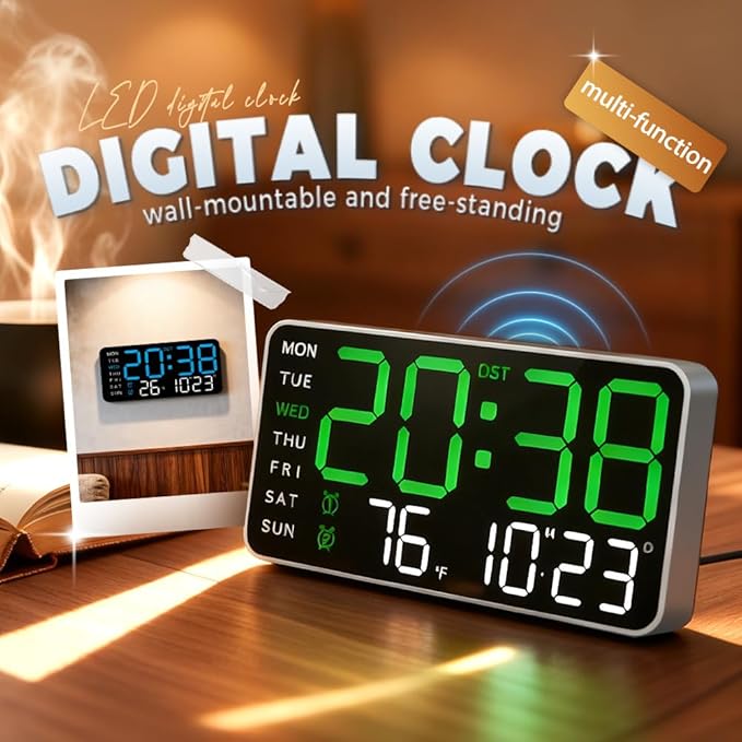 Multifunctional Decorative Led Digital Wall Clock,Large Digital Clock Shows Time,Date,Temperature,Auto Brightness Adjustment,Dual Alarms,Electronic Clock for Livingroom (Blue lamp with black shell)