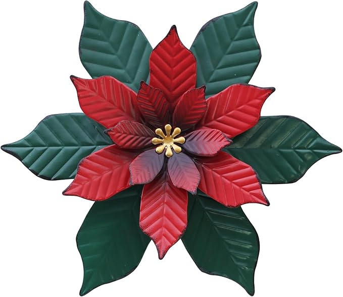 YEAHOME Chrismas Wall Decorations Indoor - 11 inch Metal Flower Wall Art Decor, Poinsettia Yard Garden Decor Hanging for Kitchen, Bathroom, Bedroom, Handmade Gift for Home, Indoor or Outdoor