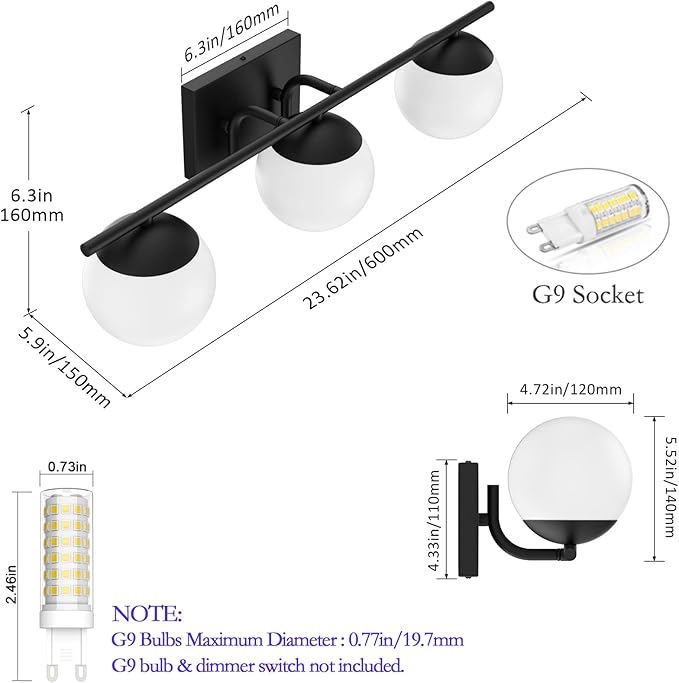 Ralbay Matte Black Bathroom Lights - 3-Light Mid Century Modern Vanity Lights with Milky Glass for Wall Lighting