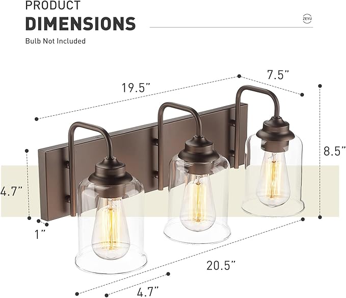 zeyu 20.5 Inch Farmhouse Bathroom Vanity Light Fixtures, 3-Light Bath Light Fixtures for Bathroom Above Mirror, Oil Rubbed Bronze Finish with Clear Glass Shade, ZSL72B-3W ORB