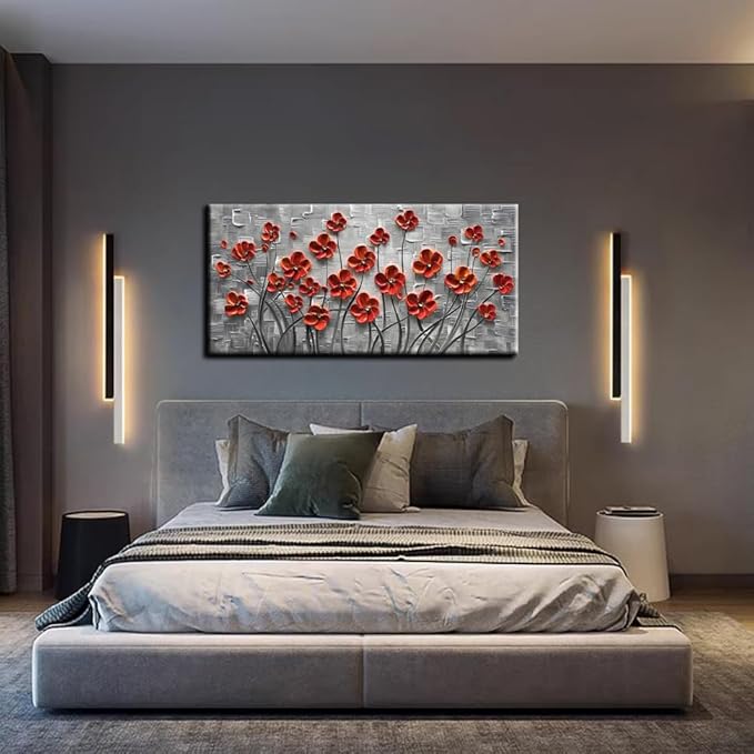 YaSheng Art - Hand painted 3D Oil Paintings On Canvas Red Flowers Paintings Modern Home Decor Abstract Artwork Canvas Wall Art Paintings,Stretched and Framed Ready to Hang 24x48inch