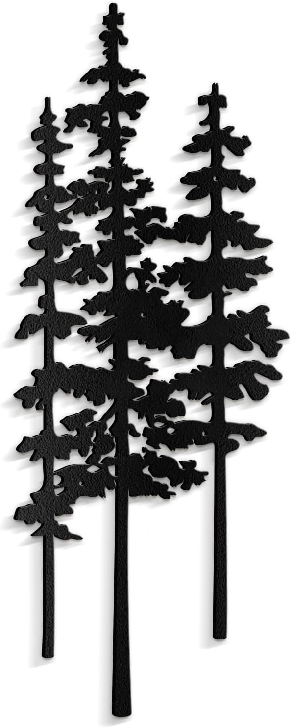 Metal Wall Art Decor Forest Pine Trees Minimalist Iron Tree Design Modern Nature-Inspired Wall Sculpture Hangings Home Decoration for Living Room, Bedroom, Bathroom, Kitchen, Outdoor - 24" Black