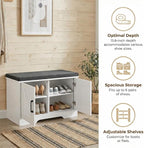2-Tier Storage Bench, 27.6" Wide Shoe Bench with Padded Seat Cushion, Entryway Bench with 2 Barn Doors and Adjustable Shelf, White
