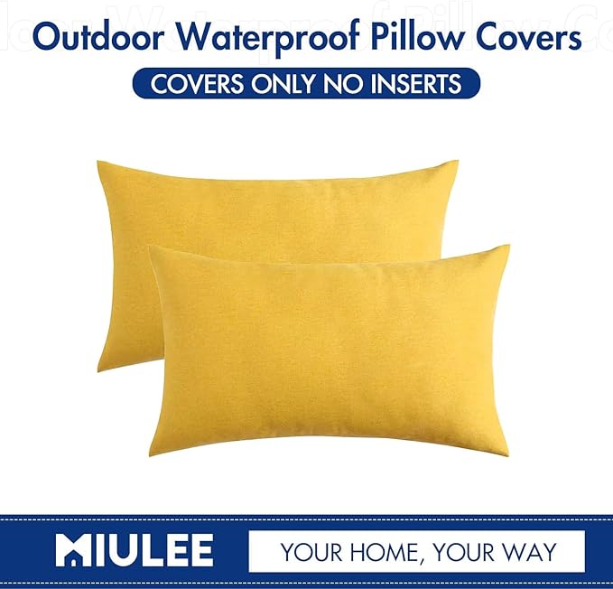 MIULEE Pack of 2 Decorative Outdoor Solid Waterproof Throw Pillow Covers Faux Linen Garden Farmhouse Cushion Cases for Summer Patio Tent Balcony Couch Sofa 20x12 Inch Yellow