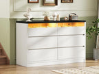 Modern LED 6 Drawer Dresser for Bedroom, White Large Chest of Drawers with Hidden Handles, Long Double Wooden Dresser Closet for Living Room, Entryway, Hallway - White