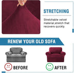 H.VERSAILTEX Sofa Cover 2 Piece T Cushion Armchair Slipcovers Velvet Couch Cover Furniture Protector Stretch T Cushion Sofa Covers for 1 Cushion Couch with 1 Individual T Cushion Covers, Burgundy
