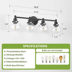 4-Light Bathroom Light Fixture Black Vanity Lights Over Mirror Modern Wall Sconce Farmhouse Vintage Bathroom Vanity Lighting with Glass Shade for Bedroom Hallway Cabinet Bathroom