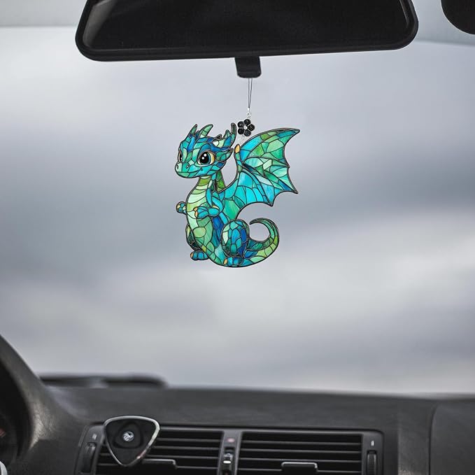 Baby Dragon Stained Glass Style Ornament, Acrylic Window Hanging Suncatcher Decoration, Cute Blue Dragon Fantasy Decor for Christmas Tree, Kids Room or Home, Gift for Women Mom Birthday Holiday