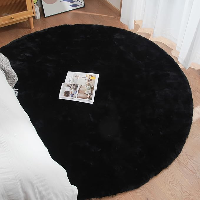 Black Round Rugs 8ft Machine Washable Rabbit Fur Area Rug Large Circle Rugs for Bedroom Faux Sheepskin Rug Cushion Living Room Décor