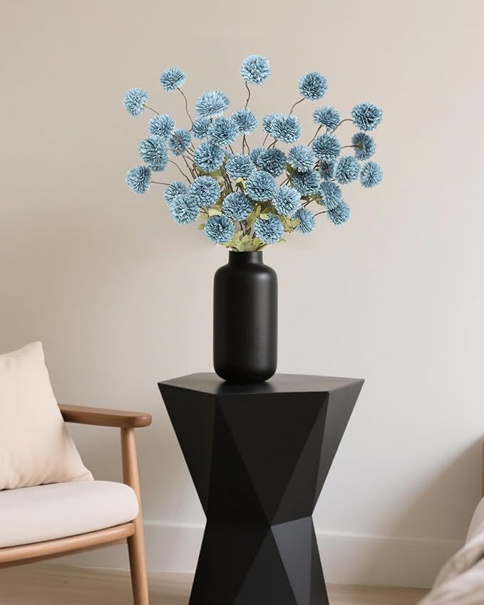 DuHouse 6pcs Artificial Flowers Faux Silk Pompon Mum,Silk Small Mini Chrysanthemum Ball with Stems for DIY Bouquets Centerpieces Vase Home Table Kitchen Decorations(Dusty Blue)