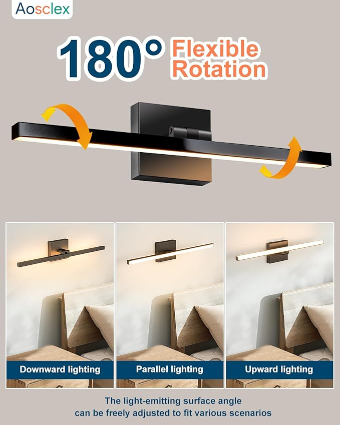 Bathroom Lighting Fixtures Over Mirror, 24 Inch 16W IP44 Black Modern Vanity Lights, 5CCT Adjustable (2700K–5000K), Dimmable LED Bathroom Lights, Dual-Sided, 180° Rotatable Angle, ETL