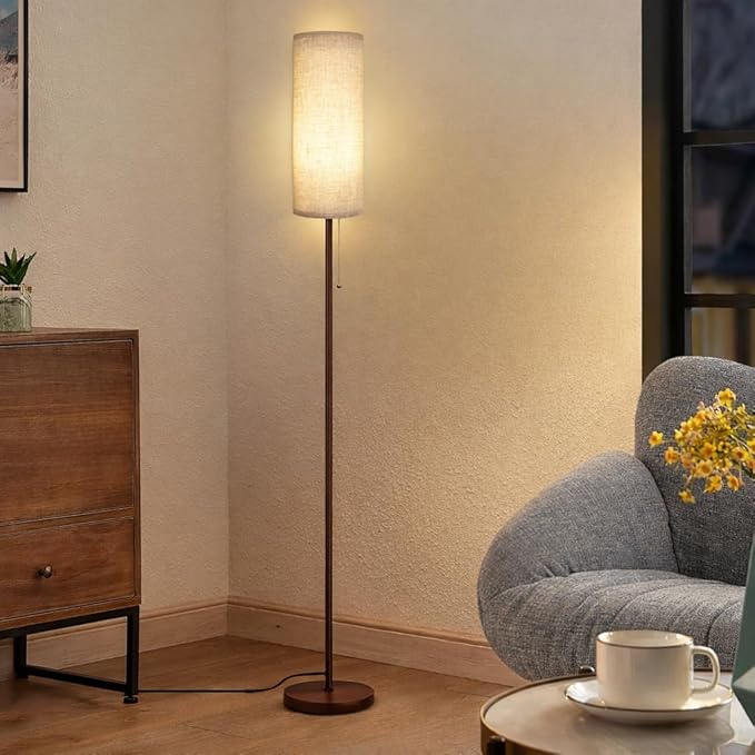 Floor Lamp for Living Room, Modern Standing Lamps with Lampshade, Minimalist Tall Lamp with Chain Switch for Living Room, LED Bulb Included (Beige+Brown)