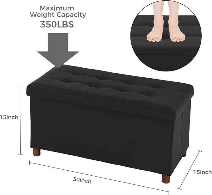 Ottoman Storage Bench with Tray - Bedroom Foot Stool & Coffee Table Lid - Black Leather, 30" Inch