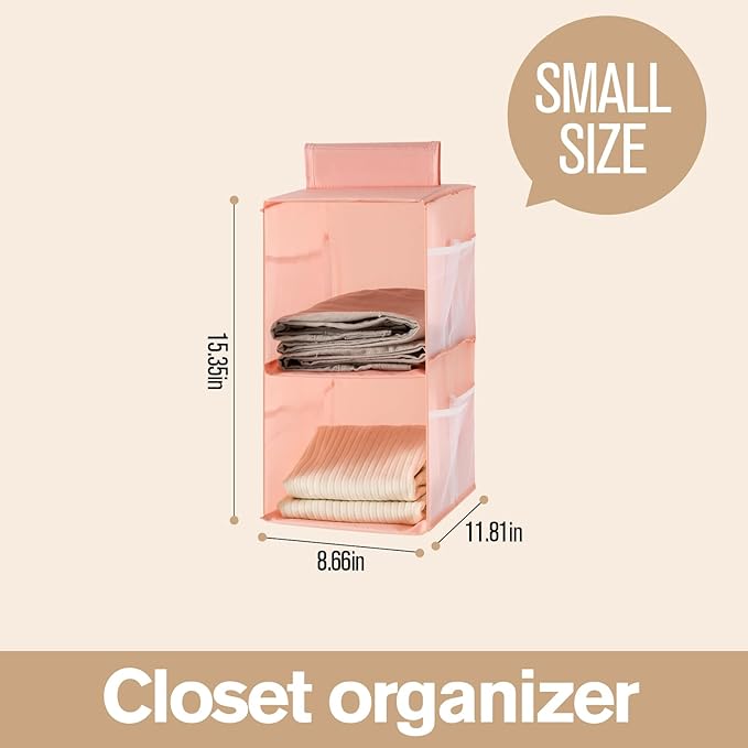 Hanging Closet Organizer, 4-Section Storage Shelves, Oxford Cloth with Mesh Pockets, (Pink, 2 Section)