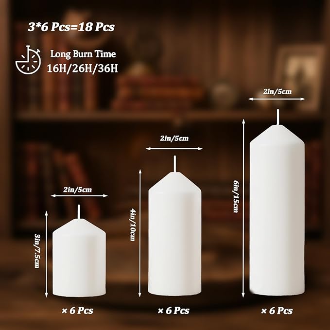 18 Pcs White Pillar Candles Bulk Set，3 Different Lengths 2 x 3/4/6 Inch (6 Each)，Hurricane Candles，Dripless Unscented Smokeless，Gives You a Better Atmosphere When Organizing an Event Party.