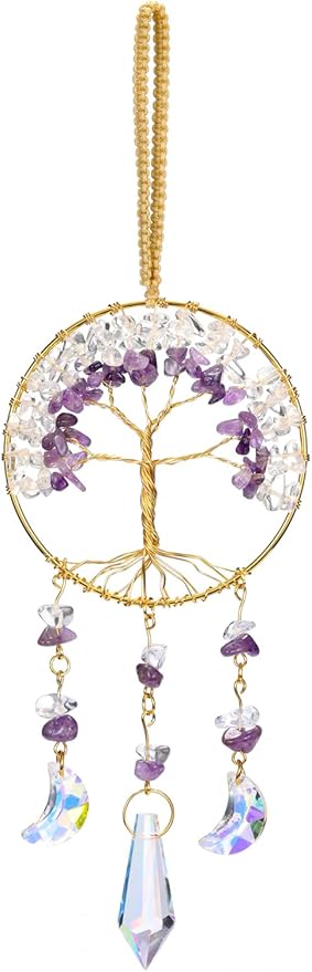 CrystalTears Crystal Tree Life Hanging Ornament Handmade Amethyst Clear Quartz Healing Crystal Gemstone Glass Suncatcher for Home Window Wall Decoration Crystal Gifts for Women Men Friends