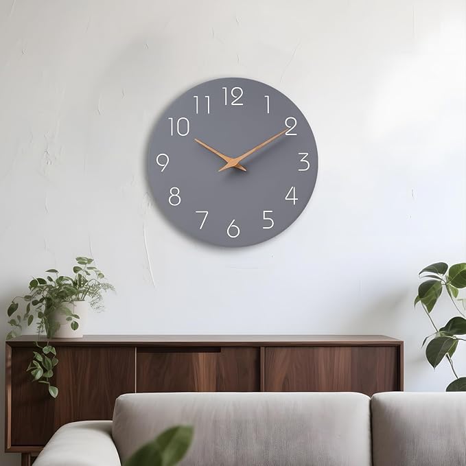 Mosewa Wall Clock Silent Non Ticking Decorative for Kitchen Bedroom Bathroom Office Living Room Battery Operated 10 Inch Gray Modern Simple