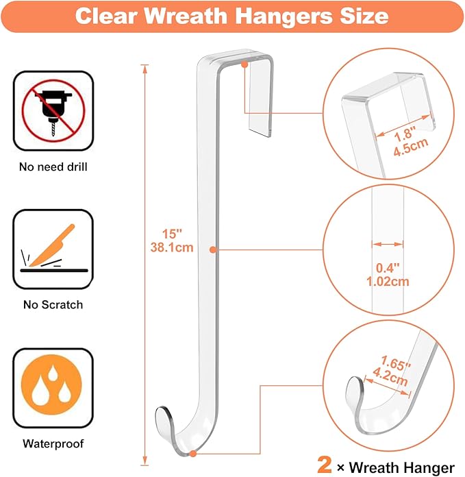 15" Clear Wreath-Hanger Non Scratch Over The Door Hooks,2 Pack Wreath-Door-Hanger Easter Halloween Christmas Decoration,Welcome Sign for Front Door Décor Inside Outside,Slim Hangers Organizer for Home