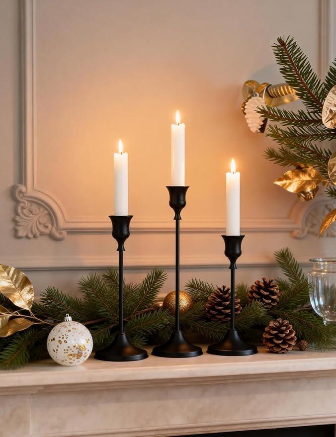 Set of 3 Black Tapered Candle Holder,Candlestick Tall Metal Candlestick Holders for Table Centerpiece Home Decor for Wedding Fireplace Mantel Housewarming Gift Fits 3/4 Inch Thick Candles