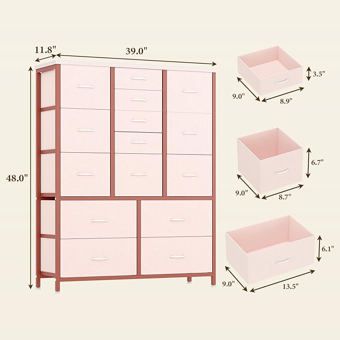 GarveeHome 15 Drawers Dressers, Chest of Drawers with Wood Tabletop, Metal Frame, Storage Organizer Unit with Fabric, Tall Dressers for Bedroom Living Room Hallway Entryway, Pink