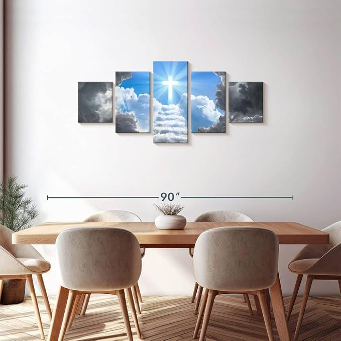 Elephant Stock Stairway To Jesus Christ Wall Art Multi Piece Canvas - 5 Panel Christian Pictures Decor - Digital Design Canvas Print - Christian Wall Decor - 68" X 30"