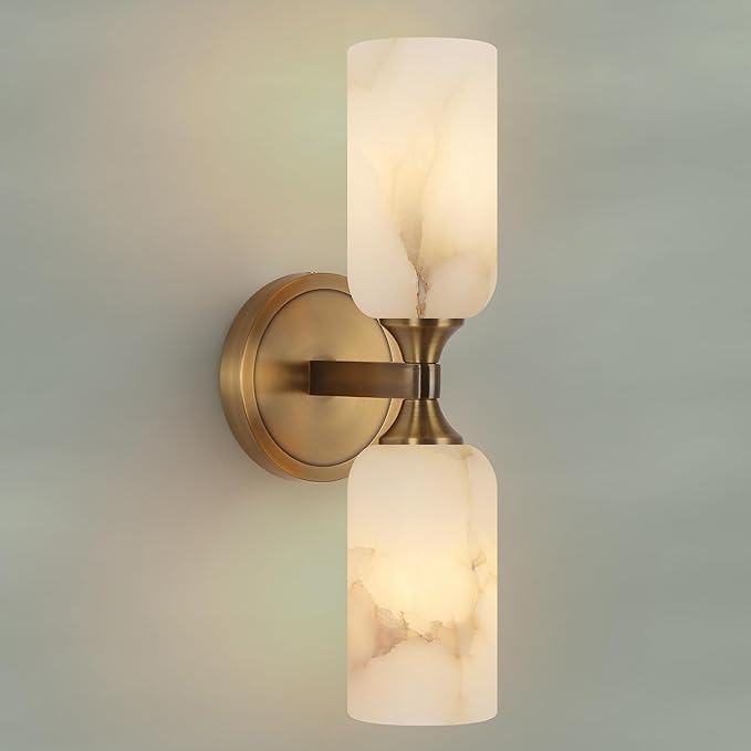 14.4in Alabaster Wall Sconce, Gold Sconces with Spanish Marble, Modern Brass Wall Mounted Lamp, Hardwired LED Wall Lighting for Bathroom Bedroom Living Room Staircase Hallway Dining Room