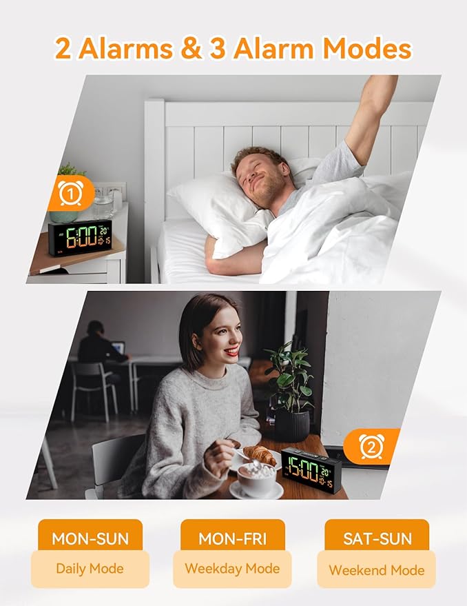 Netzu Alarm Clocks for Bedrooms, Digital Clock with Date Temperature and Weekday, Manual DST, Snooze, 2 Alarms, 4 Volumes Bedside Desk for Living Room Home Bedside Desk (RGB)