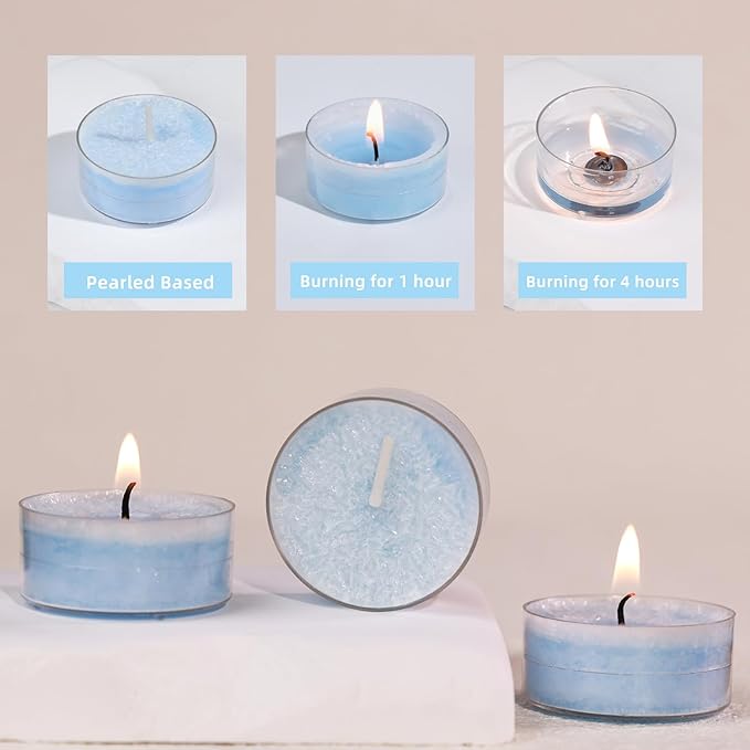 Unscented Plant Tealights Candles, 5 Hours Long Burning Blue Tea Lights Baby Shower Candle, Non-Paraffin, Smokeless, Mini Tealight Votive Candles for Wedding, Valentine's Day, Christmas, 12pcs