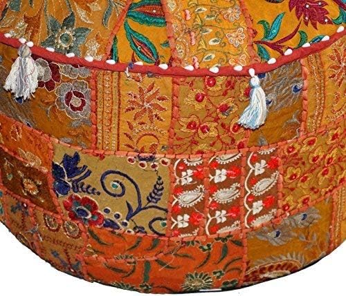 Aakriti Gallery Indian Pouf Footstool Ethnic Embroidered Pouf Cover, Indian Cotton Round Pouffe Ottoman Pouf Cover Pillow Ethnic Decor Art - Cover Only (Orange, 18x13)
