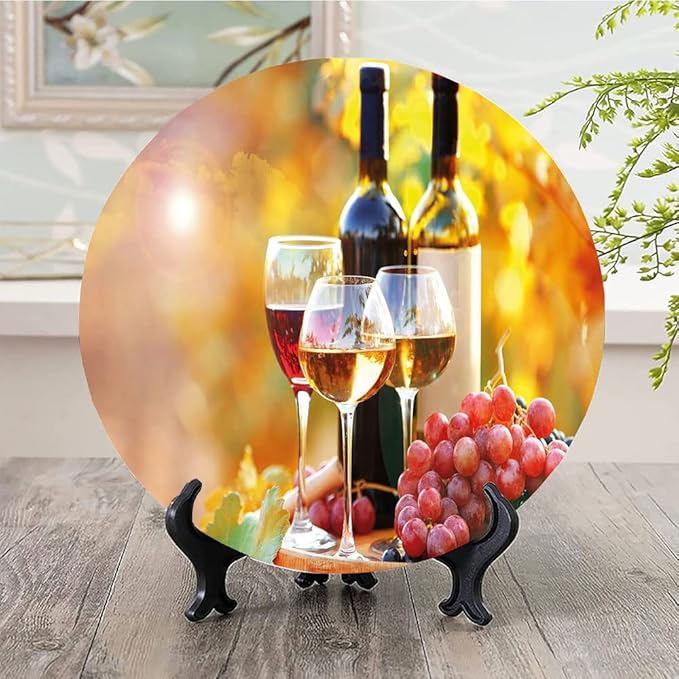 Decorative Plates, Wine Print Ornament, Tasty Wine on Wooden Barrel on Grape Plantation, 10 Inch, Kitchen Wall Decor, Orange Red Black