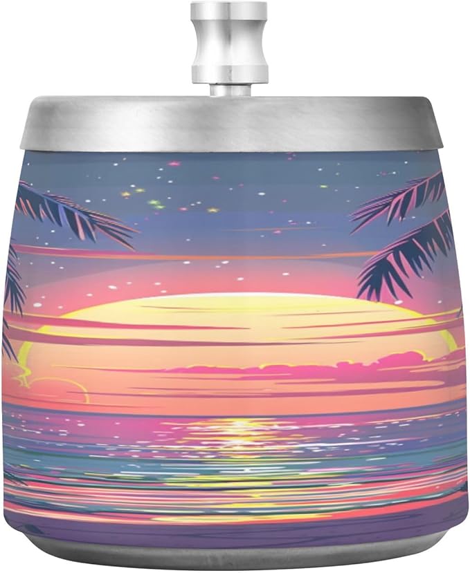 Hawaii Sunset Beach View Ashtray with Lid, Outdoor Ashtrays for Patio, Stainless Steel Ashtray Odorless Smokeless for Home Office Balcony